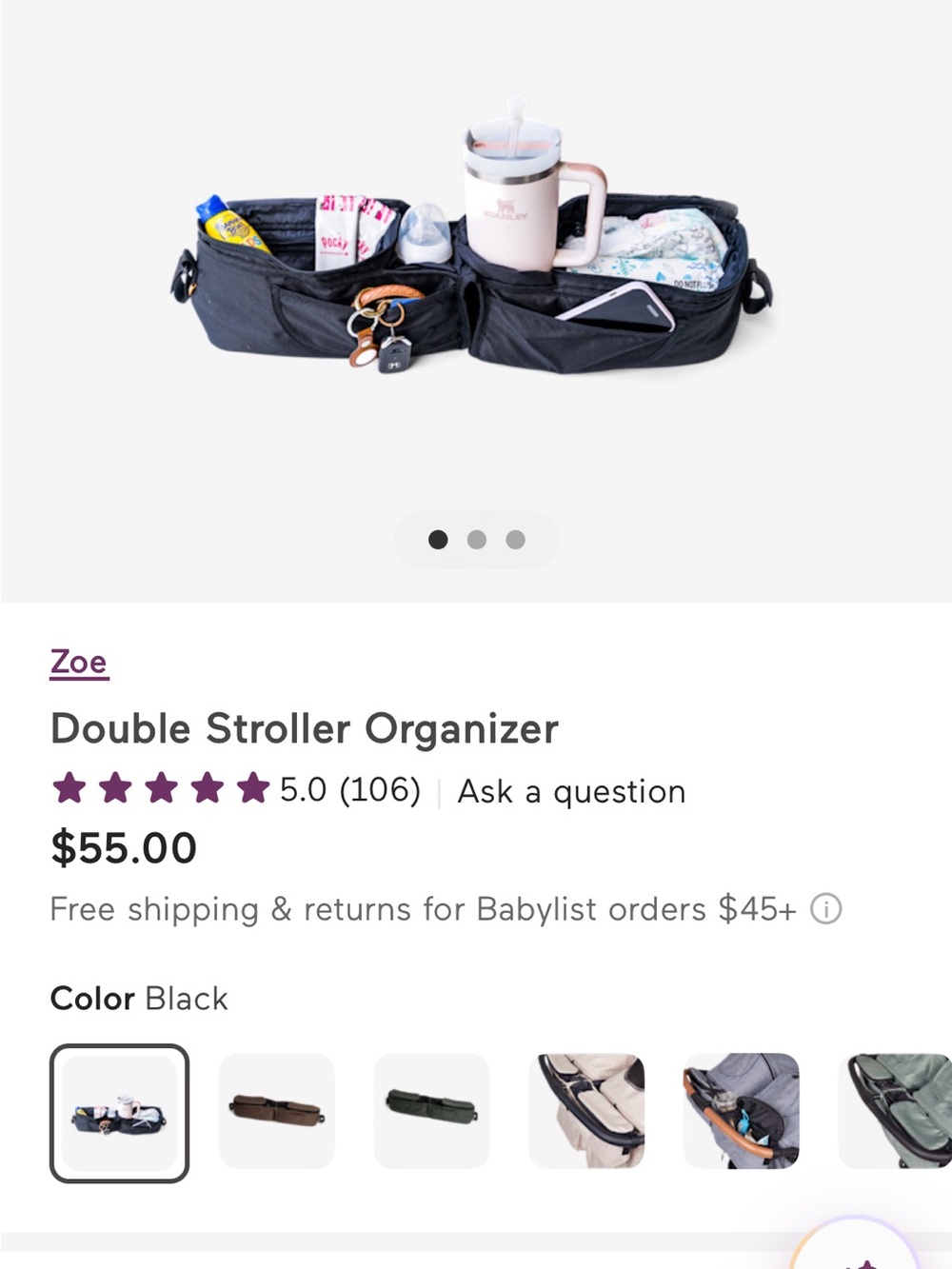 Zoe double stroller organizer in color forest